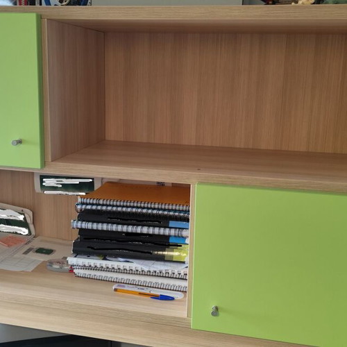 Modeco children's room bookshelf and desk set used, pine and green
