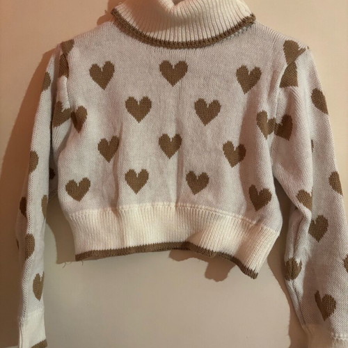 Crop top sweater like new, beige with brown hearts and turtleneck
