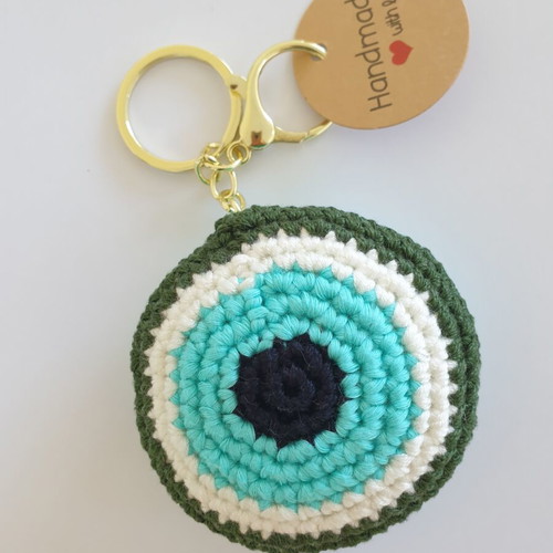 Charm keychain mint eye with olive green crochet handmade, new