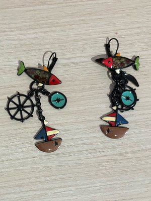 Nautical handmade earrings with fish, compass, helm and sailboat like new