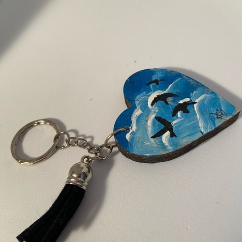 Hand-painted wooden heart keychain with leather tassel new