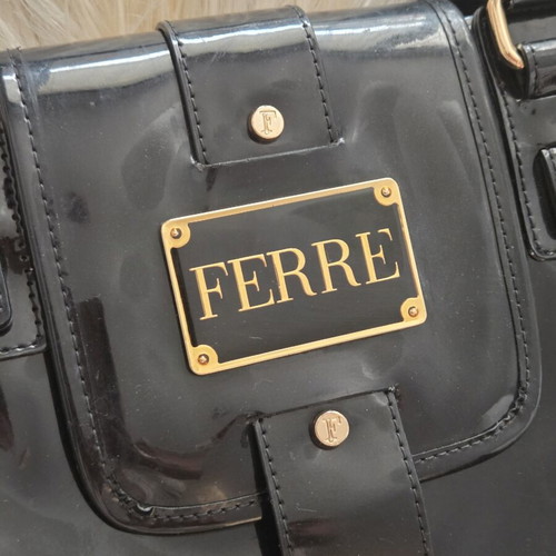 Gianfranco Ferre Black Patent Leather Shoulder Tote Bag used