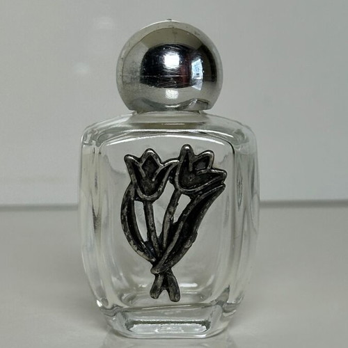 Vintage glass perfume bottle with metal tulip decoration