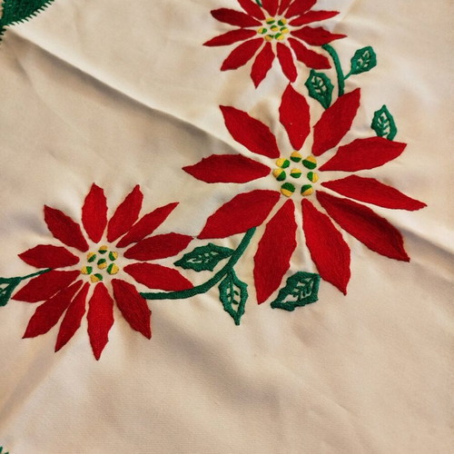 Christmas handmade vintage tablecloth used with embroidery and knitted border