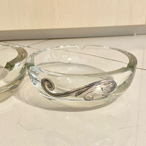 Kosta Boda crystal ashtrays new with silver decoration, set of 2