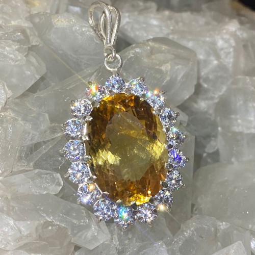 Silver pendant with large cut citrine stone and moissanites, new