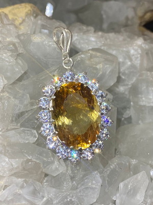 Silver pendant with large cut citrine stone and moissanites, new