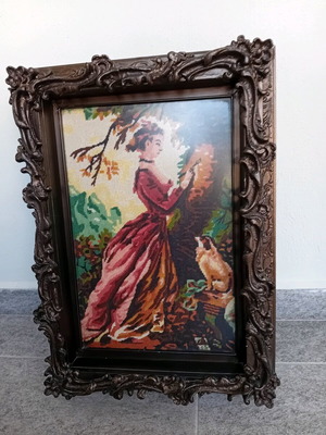Vidange embroidered framed artwork like new with carved frame