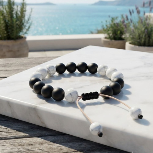 Handmade Unisex Bracelet with Natural Black Onyx and White Haolite