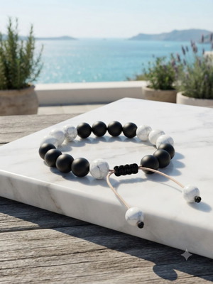 Handmade Unisex Bracelet with Natural Black Onyx and White Haolite