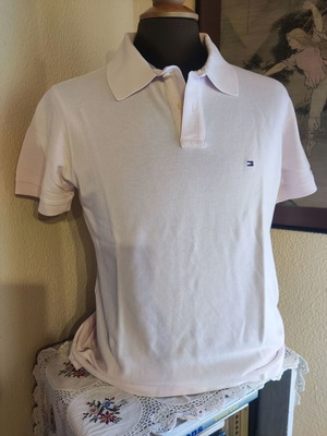 Tommy Hilfiger men's pink polo shirt used, medium, slim fit, cotton