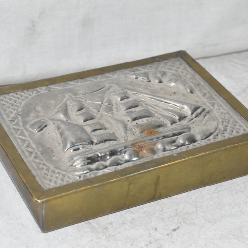 Vintage bronze box with embossed metal sailboat used, nautical decor