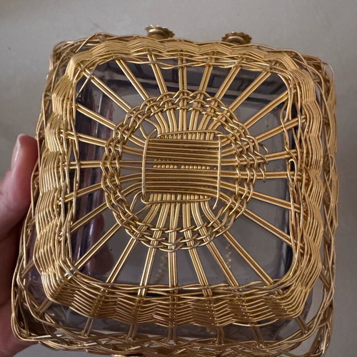 Decorative basket like new with metal mesh and glass bowl