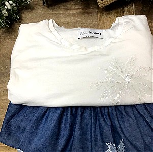 Desigual φόρεμα παιδικό λευκό τζιν No 13-14 size: 1.58-1.64, με κεντητούς φοίνικες, Desigual children's white denim dress No 13-14 with embroidered palm trees