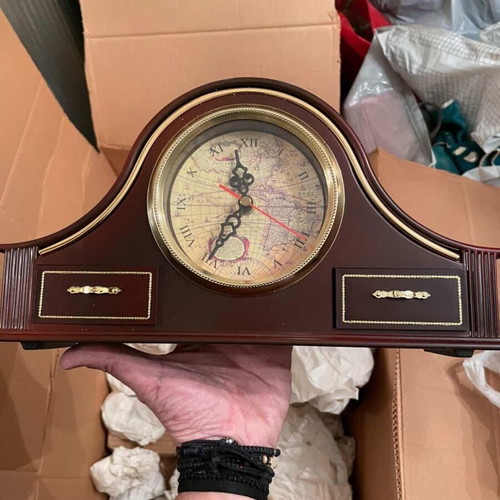 Vintage wooden mantel table clock used with map design