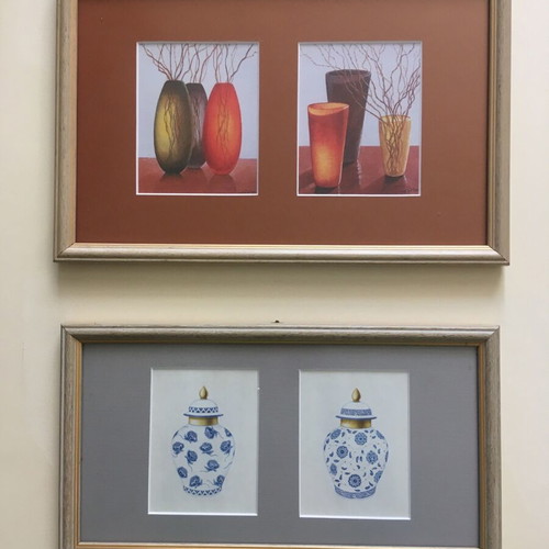 Two framed art prints with vase theme, wooden frame and matte glass, new