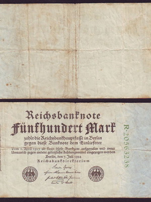 Χαρτονόμισμα 500 Mark Reichsmark 1922 μεταχειρισμένο, Γερμανία