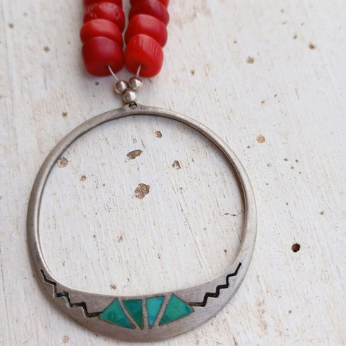 Silver 925 necklace with turquoise and coral like new, handmade Navaho