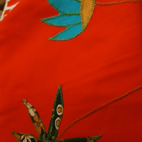 Vintage German kitchen apron 1960s, deadstock, red with floral appliqué