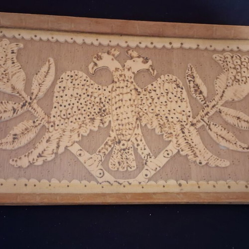Woodcarved serving trays with glass, like new, set of 2