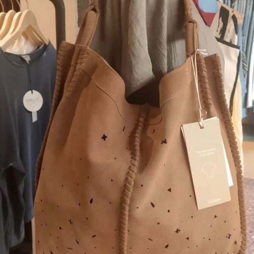 Leather shoulder bag, light brown suede with wallet