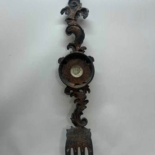 Antique copper wall barometer in fork shape used