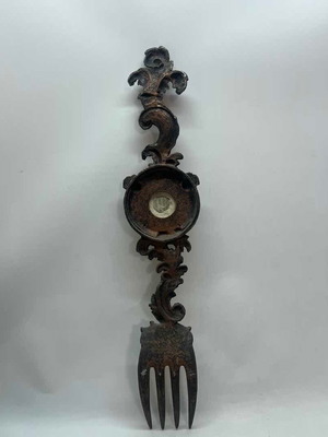 Antique copper wall barometer in fork shape used