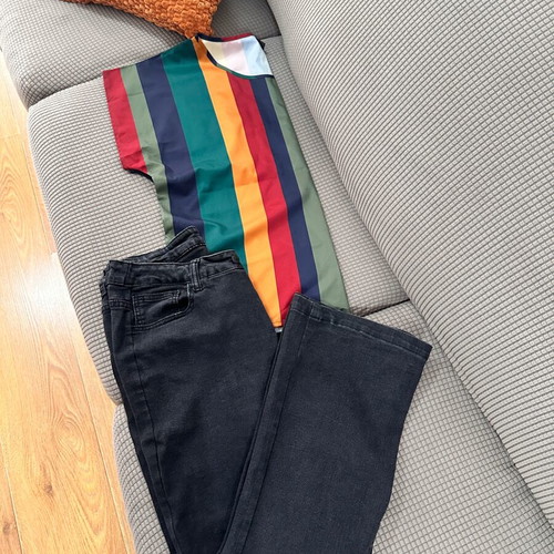Outfit set striped blouse L and black skinny jeans 1XL like new