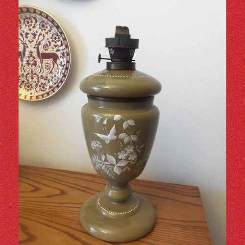 Oil lamp opaline with hand painting, used, 33 cm height