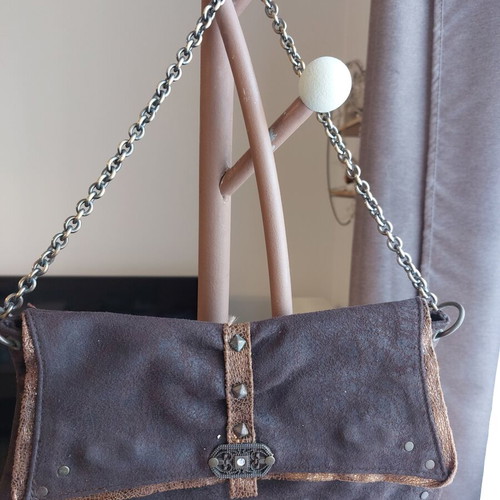 Leather women's clutch bag like new, brown with metal details and chain