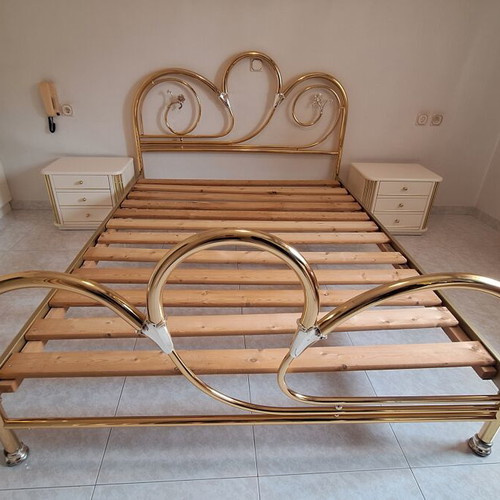 Vintage 90s metal double bed and 2 wooden bedside tables, Zakhar factory