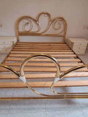 Vintage 90s metal double bed and 2 wooden bedside tables, Zakhar factory
