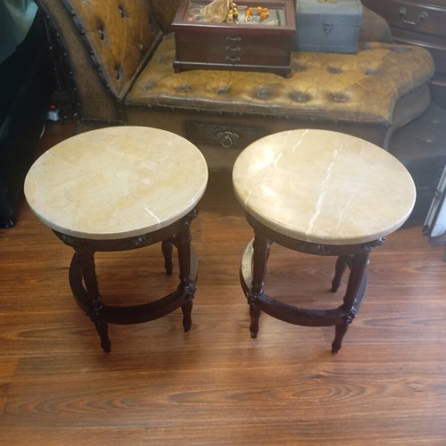 Set of two classic round side tables with marble tops