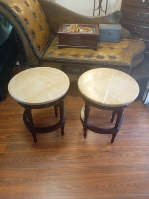Set of two classic round side tables with marble tops
