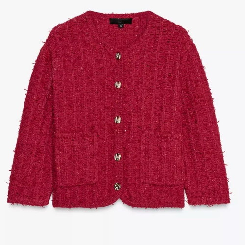 Zara women's boucle cardigan red with gold buttons size XL new