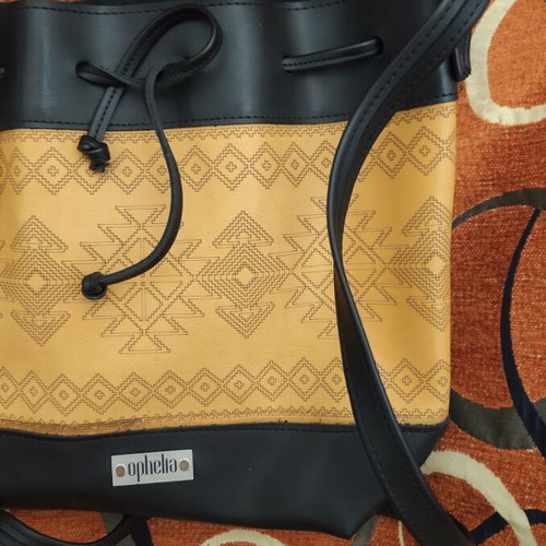 Ophelia handmade women's shoulder bucket bag, ethnic geometric design