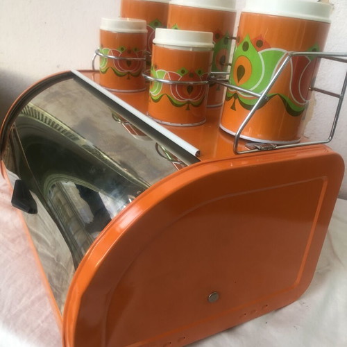 Vintage metal bread box with storage containers