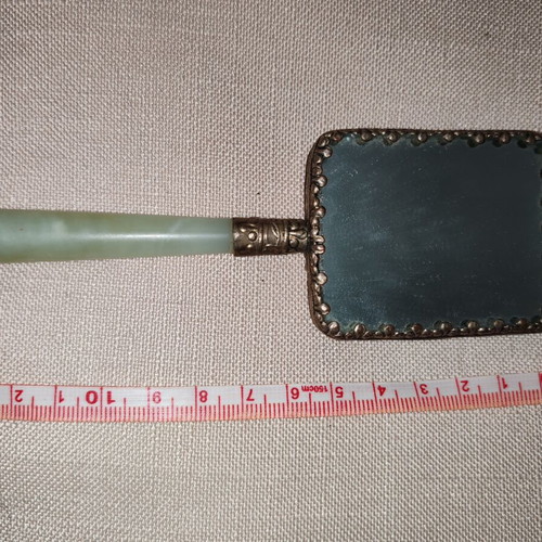 Vintage Chinese Hand Mirror with Jade Handle and Porcelain