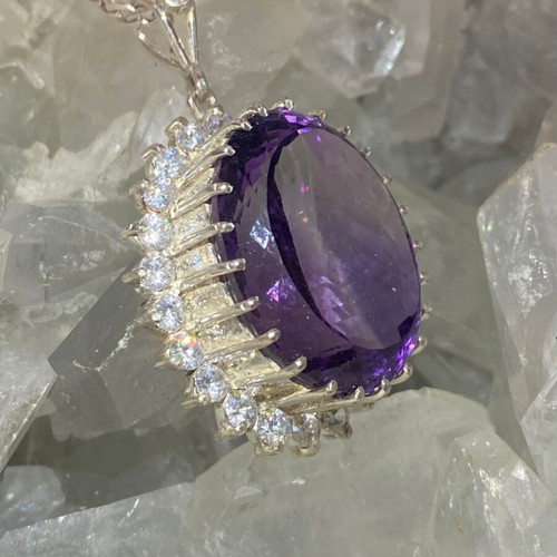 Silver pendant with large cut natural amethyst stone and moissanites, new