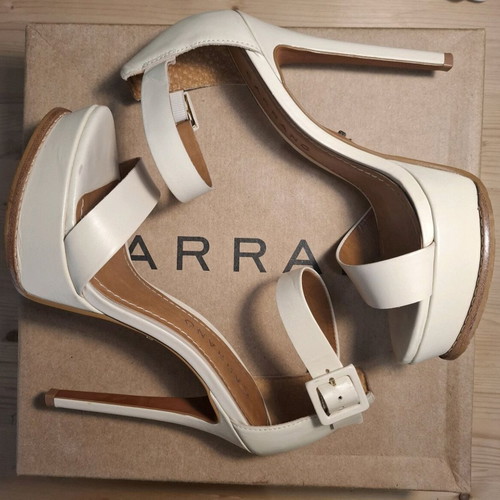 Caranno strapped heels used beige leather wedding shoes, 14 cm heel