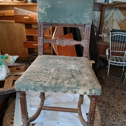 Living room chair used with worn fabric and minor wood damage