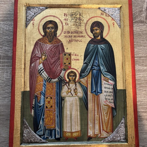Handmade icon of Raphael Nikolaou and Eirini with 925 silver decoration used