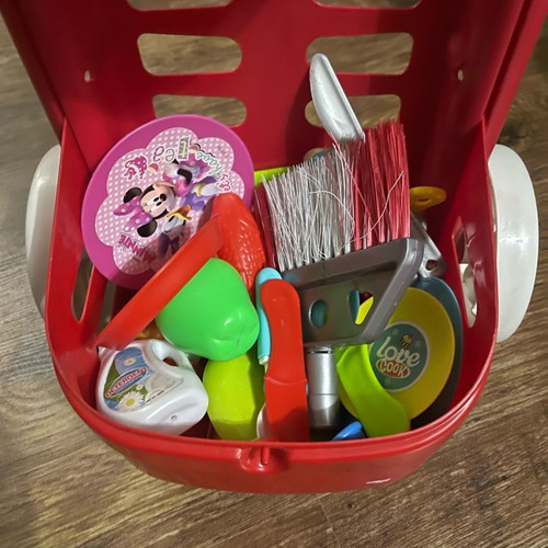 Supermarket shopping cart toy used with various kitchen utensils