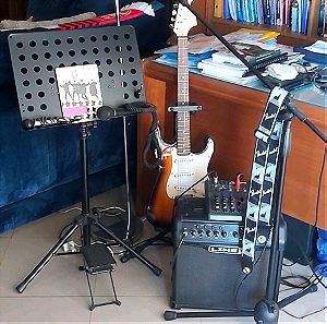 Μουσικά όργανα και εξοπλισμός studio Κιθάρα, ενισχυτής, πλατφόρμα, μικρόφωνο,αναλόγιο,υποποδι