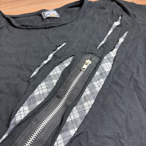 Paco & Co black t-shirt with check detail and zipper, like new, size S