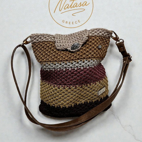 Handmade By Natasa shoulder bag with knitted texture and brown strap new