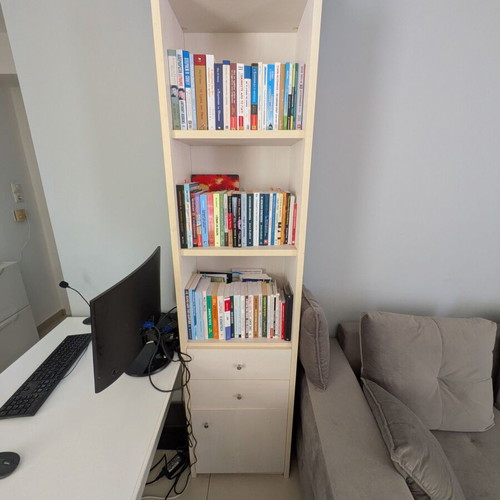 Wooden tall bookcase with drawers and cabinet, used, good quality