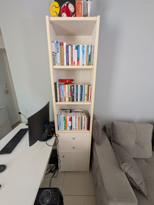 Wooden tall bookcase with drawers and cabinet, used, good quality