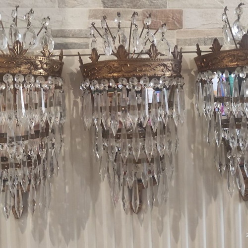 Lighting set with three wall lamps and large chandelier, like new, bronze and crystal