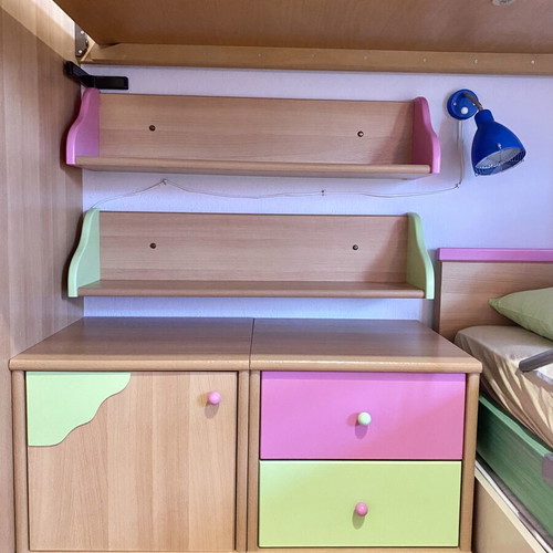 Children's bedroom furniture set, natural wood with green and pink details